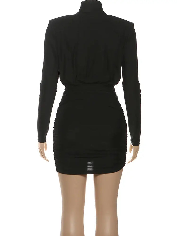Nibber Classic Turtleneck Dress Women Shoulder Padded Ruched Sexy Office Commute Simple Peach Hip Skinny Elegant Mini Bodycon