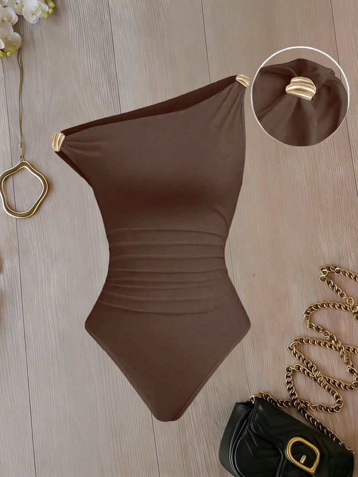 Stylish One Shoulder Ruched Bodysuit With Metal Detail