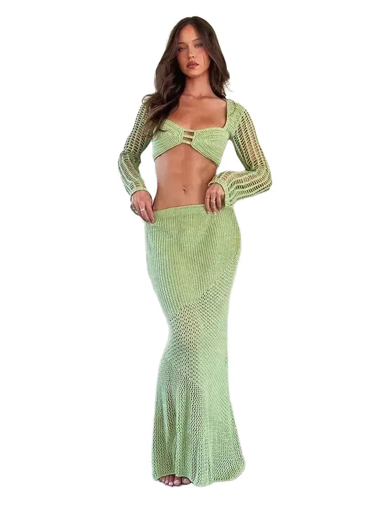 Womens Crochet Knit 2 Piece Set Backless Crop Top Skirt