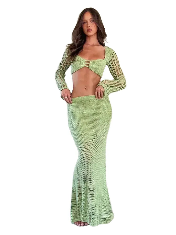 Womens Crochet Knit 2 Piece Set Backless Crop Top Skirt