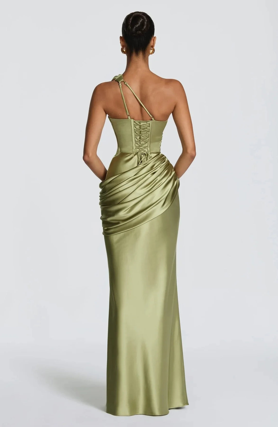 Green Satin Mermaid Dress One Shoulder Cutout
