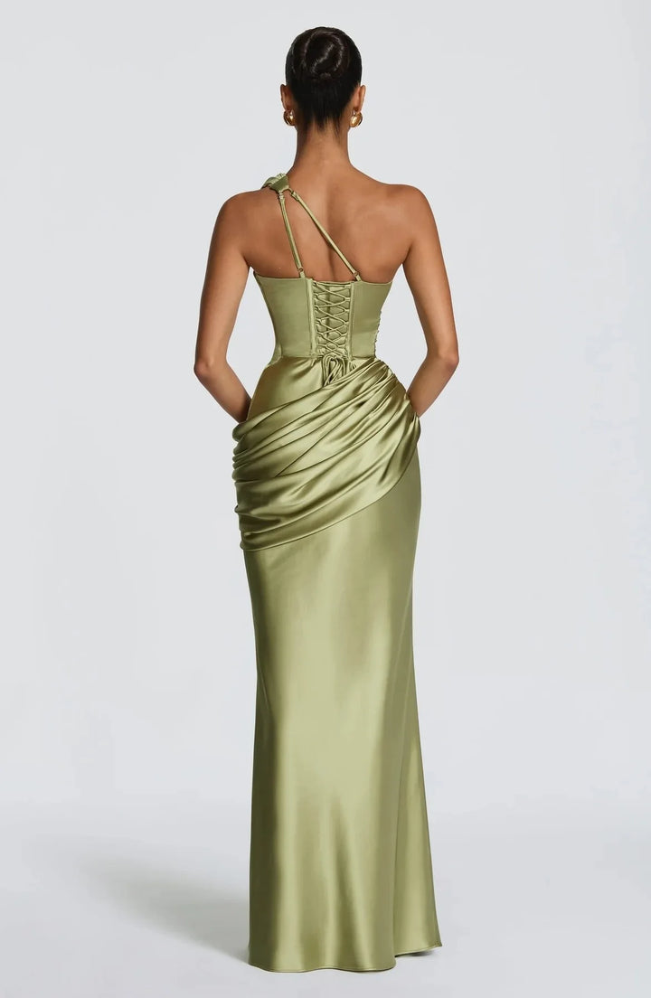 Green Satin Mermaid Dress One Shoulder Cutout