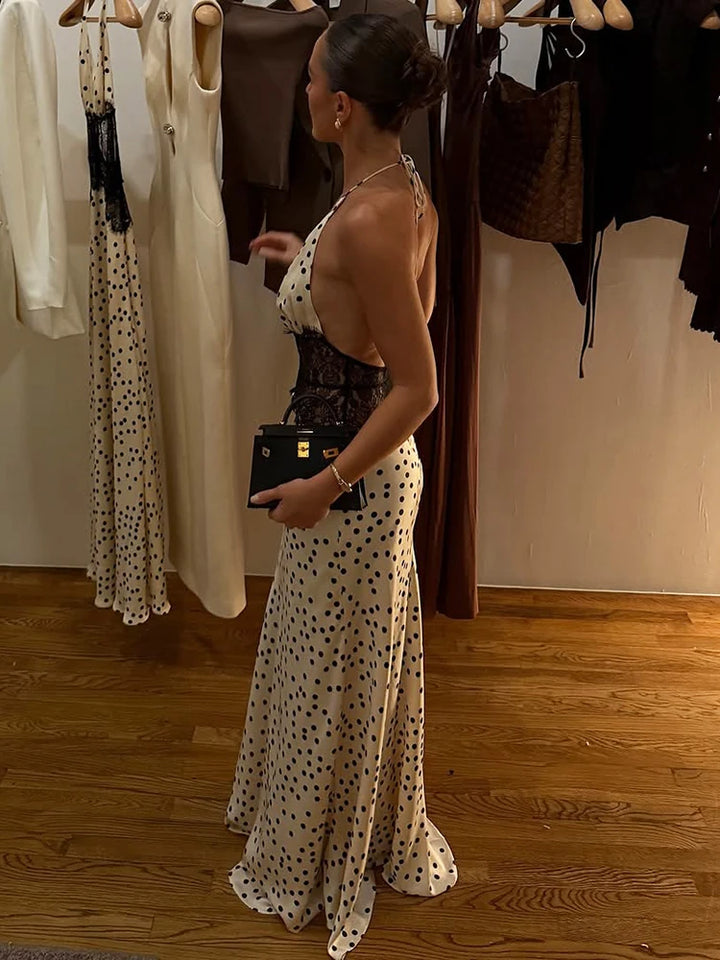 Polka Dot Backless Maxi Dress Women Halter V Neck
