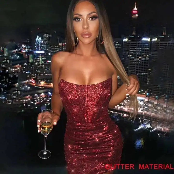 Giyu Strapless Night Club Glitter Bodycon Dress