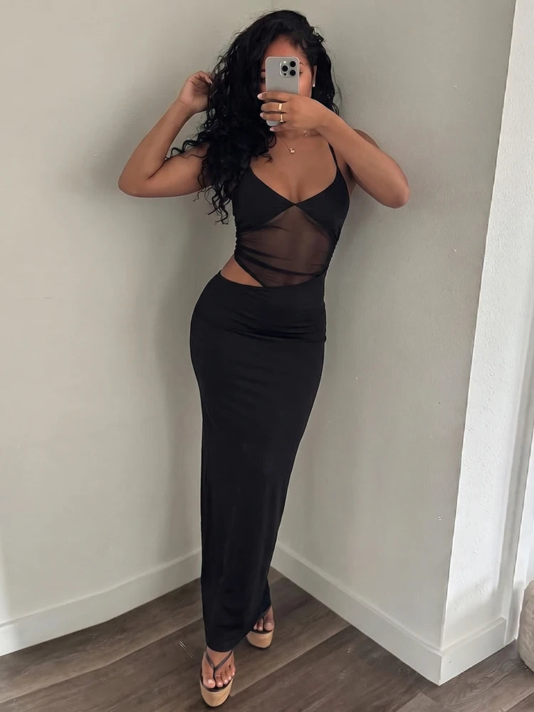 Sexy Mesh Patchwork Maxi Dress Women Backless Bodycon