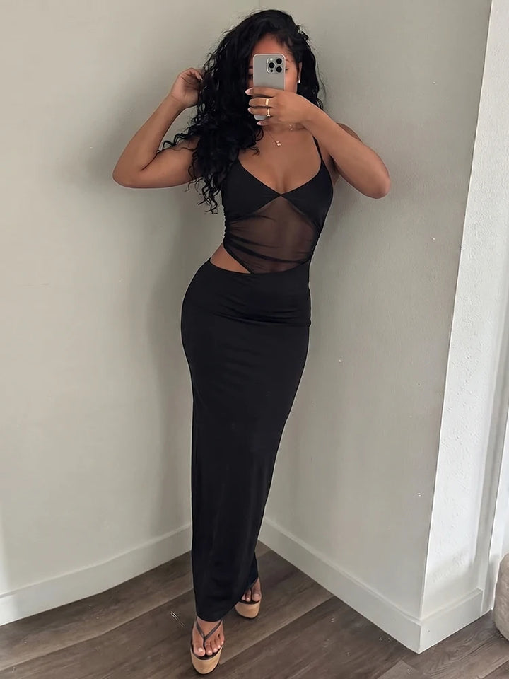 Sexy Mesh Patchwork Maxi Dress Women Backless Bodycon