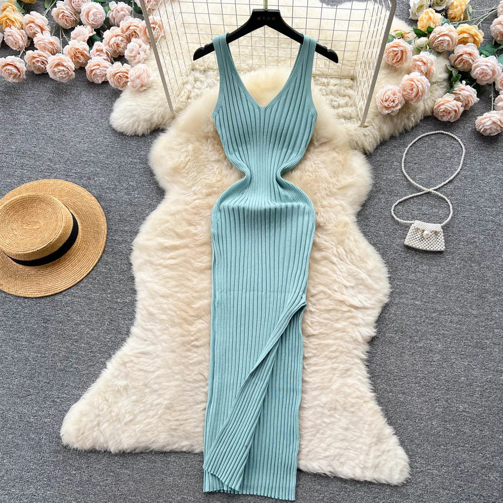 Chic Knit Wrap Dress For Women Autumn Bodycon Midi