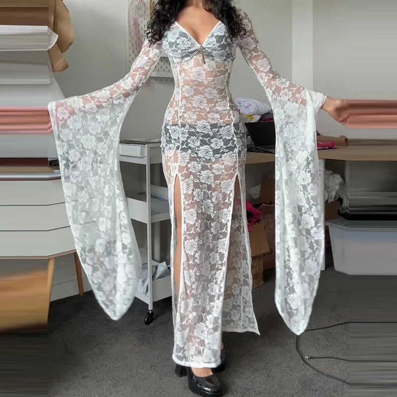 Egirl Goth Punk Sheer Lace Maxi Dress Long Sleeve