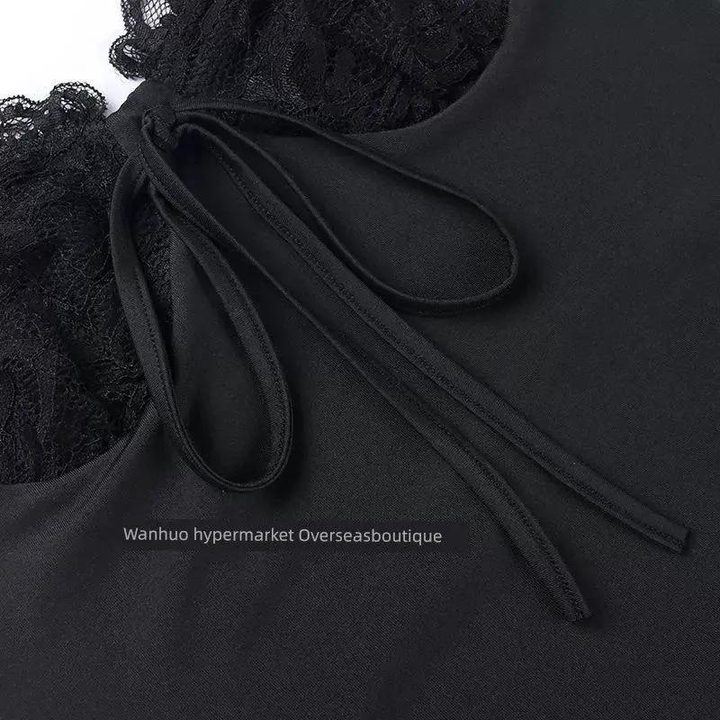 Split Spy Girl Strap Dress V Neck Lace Trim Slim Fit Slit - OurLum.com