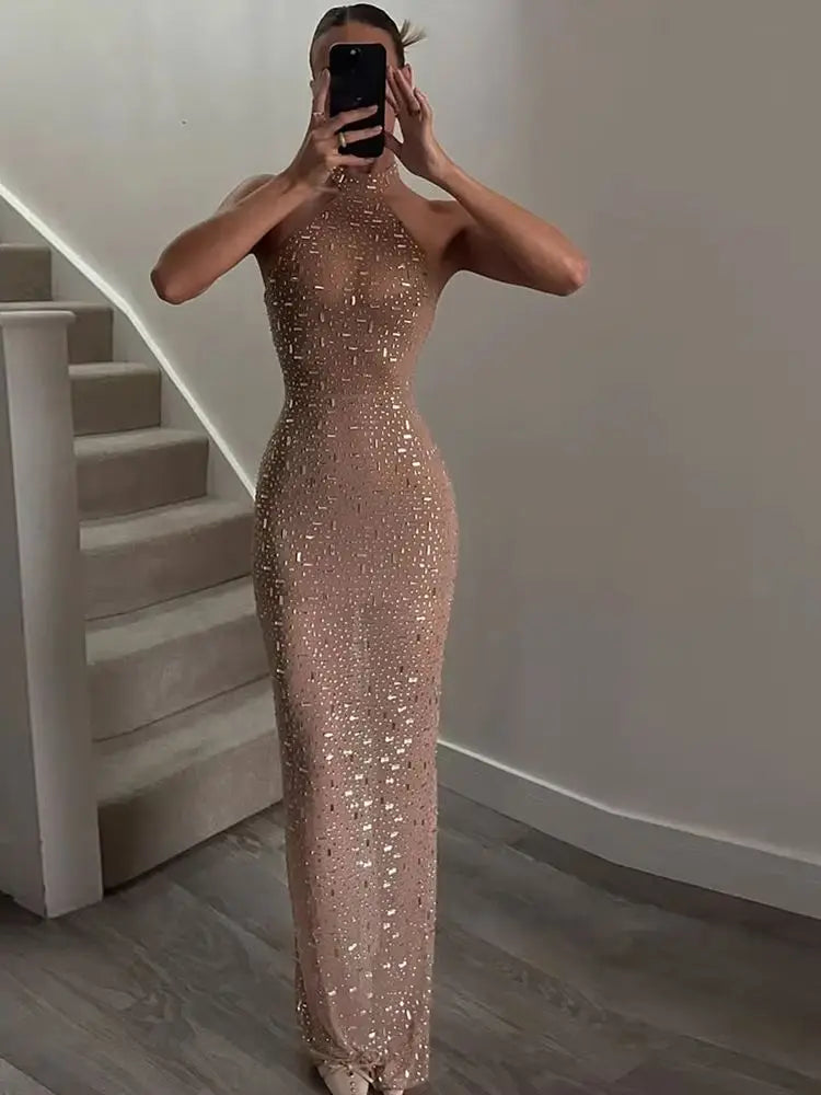 Sisterlinda Sequin Halter Bodycon Dress Women Elegant