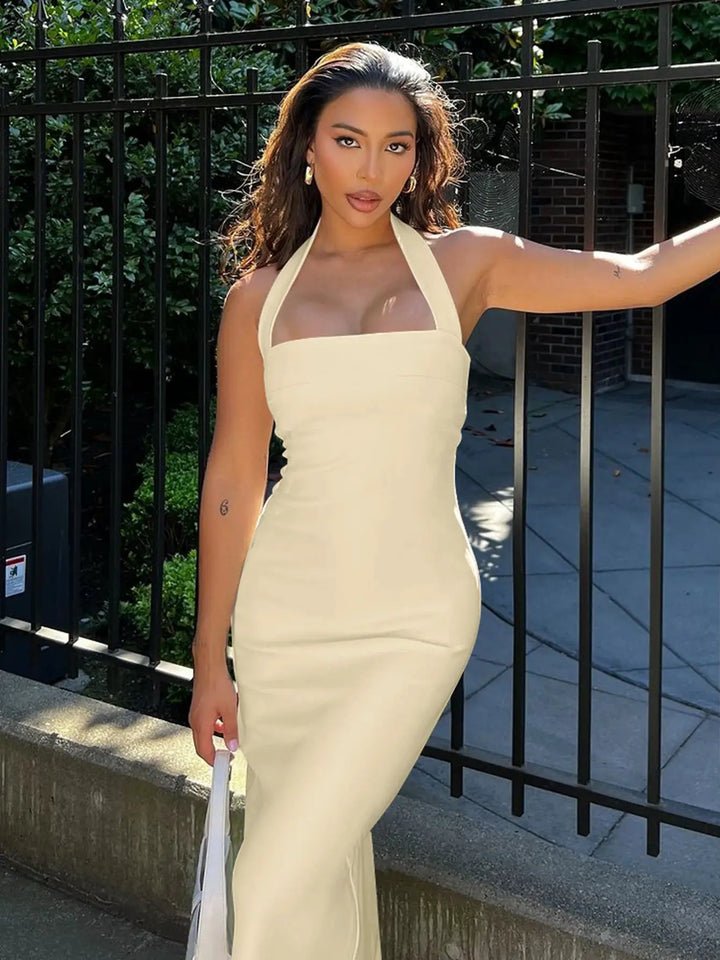 Hugcitar 2025 Elegant Halter Black Backless Sexy Bodycon Maxi Prom Dress Summer Women Y2K Clothes Wedding Birthday Party
