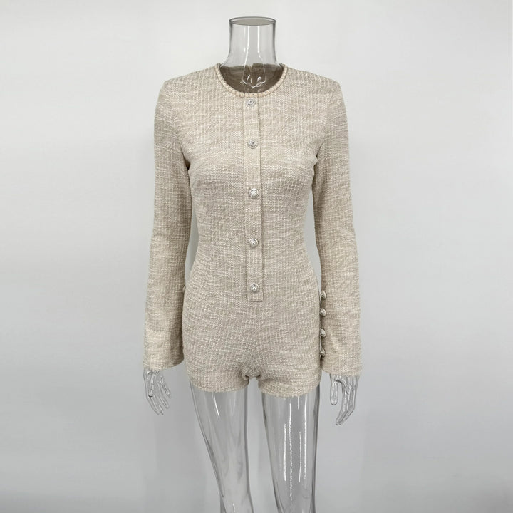 Beige Tweed Romper With Button Detail Jumpsuit