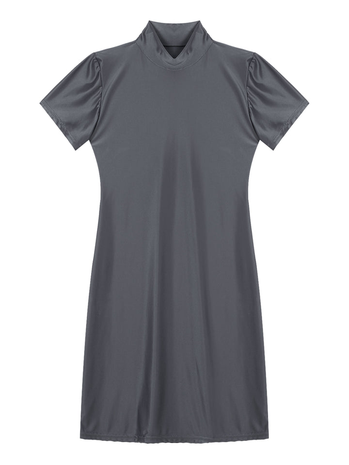 Signature Glossy Mock Neck Mini Dress For Tropical