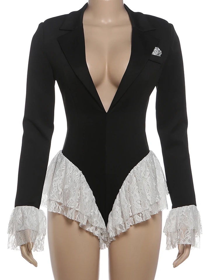 Elegant Stretch Skinny Bodysuit With Ruffle Lapel