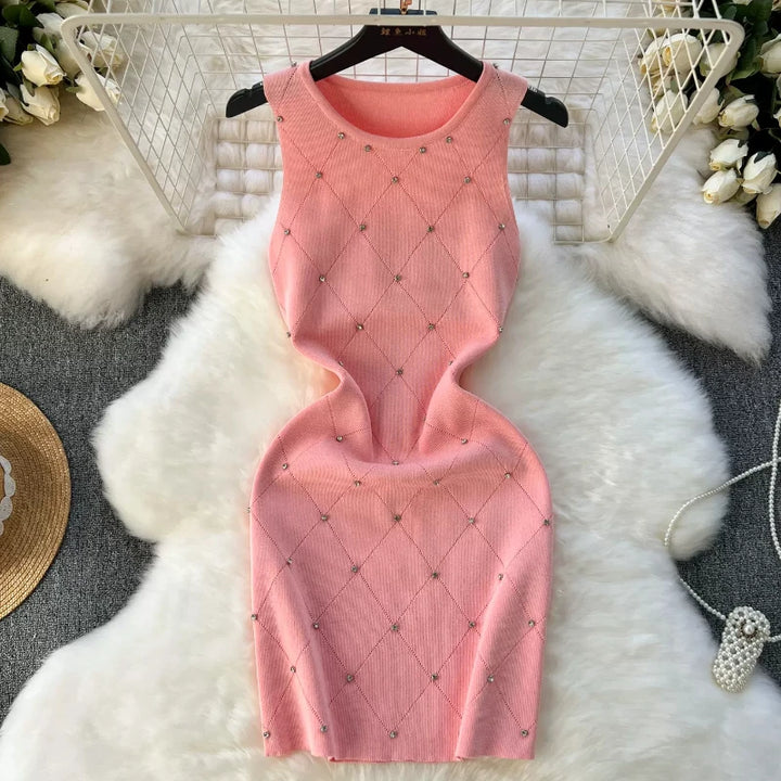 Beaded Knit Tank Dress For Women Bodycon Mini