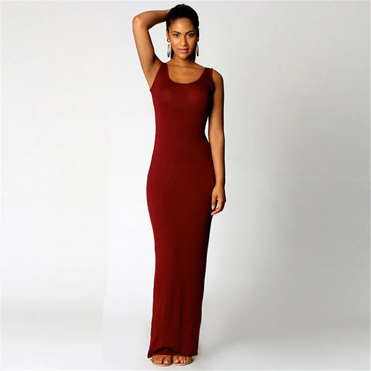 Women Sleeveless Maxi Bodycon Dress Solid Color