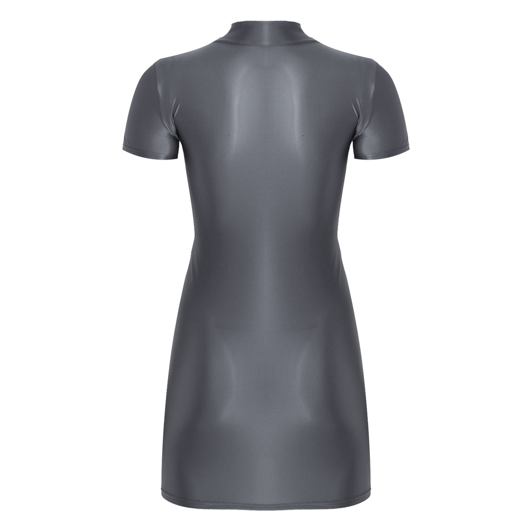 Signature Glossy Mock Neck Mini Dress For Tropical