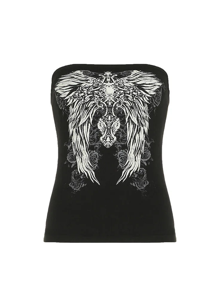 Gothic Print Black Tube Top Women Strapless Skinny Cropped Tops Summer Casual Chic Graphic Tees Y2K Streetwear Vest Basic