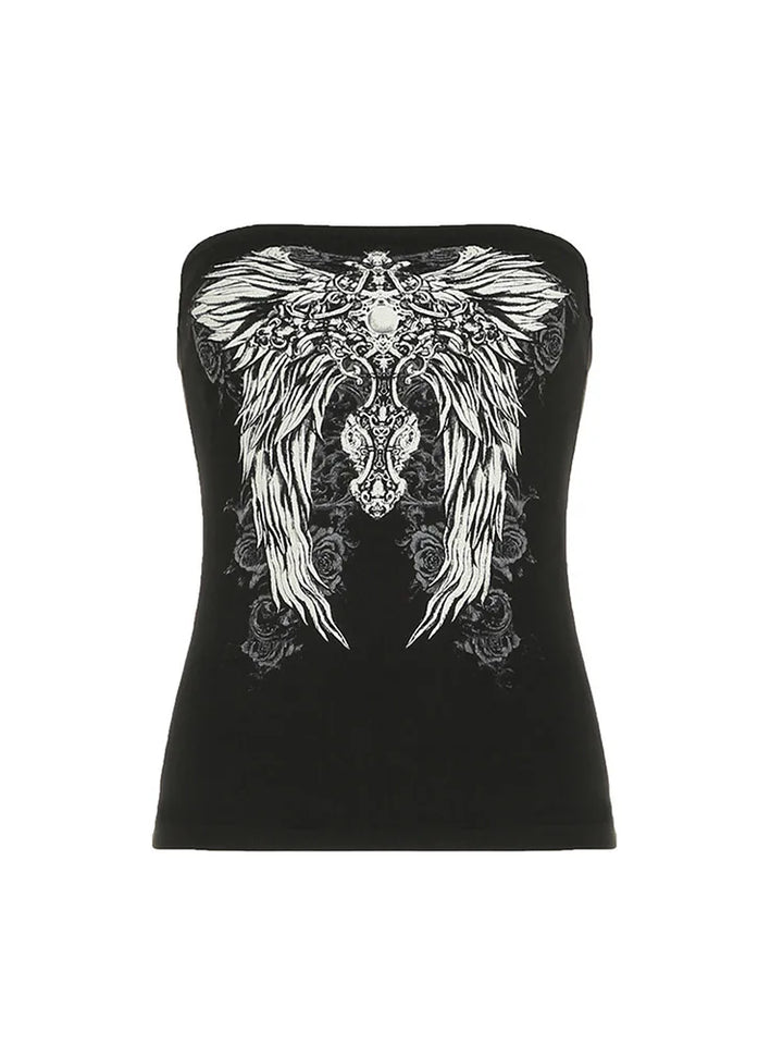 Gothic Print Black Tube Top Women Strapless Skinny Cropped Tops Summer Casual Chic Graphic Tees Y2K Streetwear Vest Basic