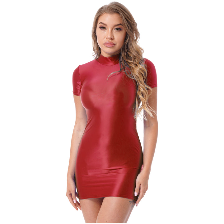 Signature Glossy Mock Neck Mini Dress For Tropical