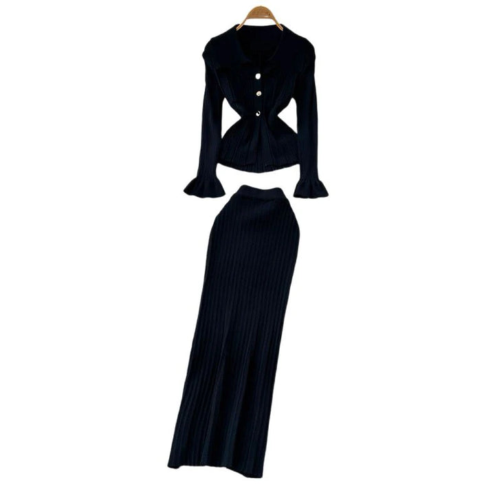 YuooMuoo Knit Maxi Dress V Neck Ruffles Slim Waist