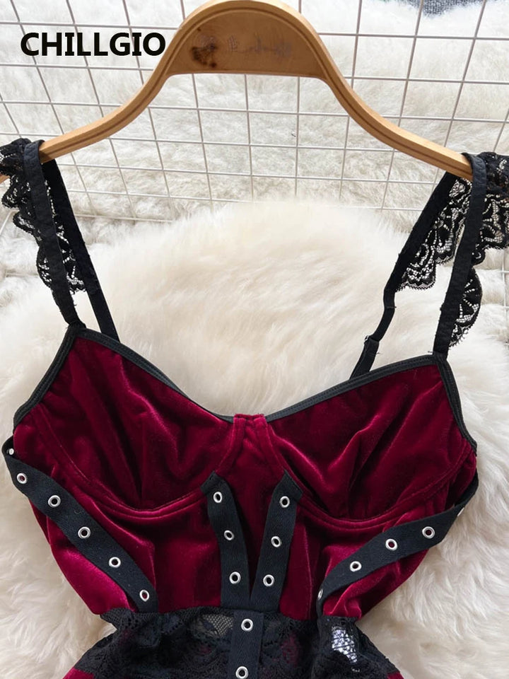 ChillGio Velour Bodysuit Women Lace Patchwork