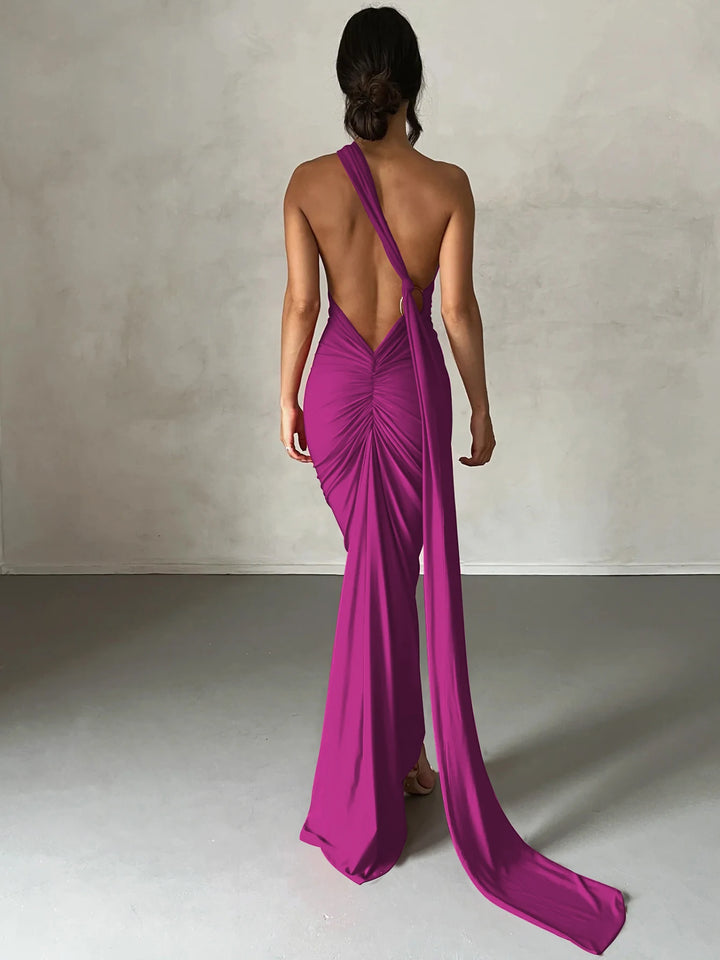 Elegant Y2k One Shoulder Maxi Dress Scarf Backless