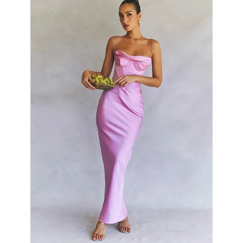 Elegant Satin Pink Maxi Dress For Wedding Or Party