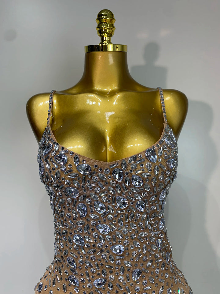 Rhinestone Mesh Bodycon Dress For Women Red Carpet