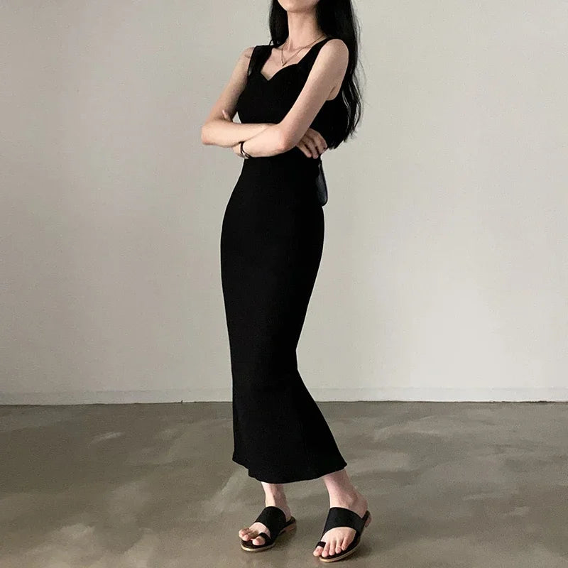 Myufon Square Collar Sleeveless Knit Long Dress