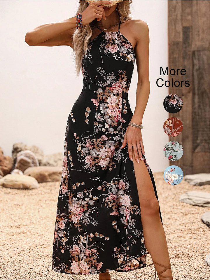 Womens Floral Halter Dress High Slit Bodycon Party