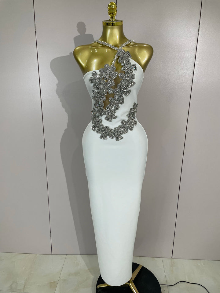 Sexy Backless Sparkly Crystal Diamonds White Bodycon Bandage Dress Women Celebrity Elegant Evening Club Party Birthday Dresses