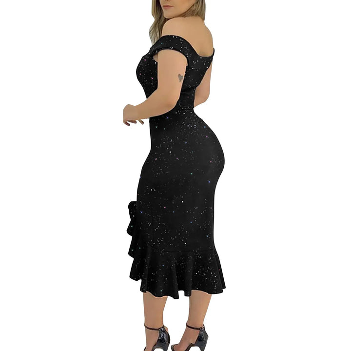 Off Shoulder Bodycon Knee Length Glitter Dress