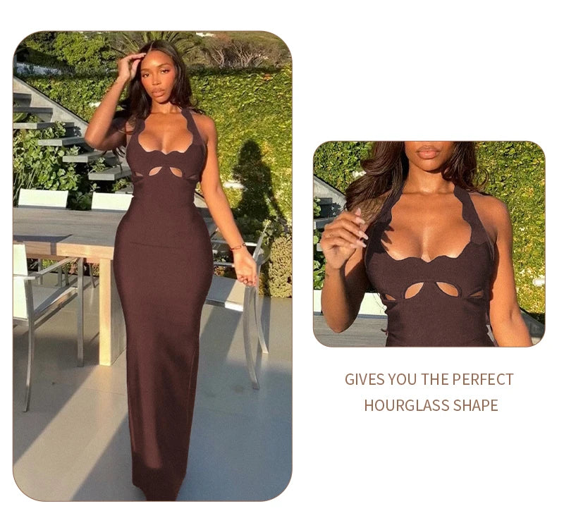 Vj Gachi Elegant Knit Halter Black Evening Gown