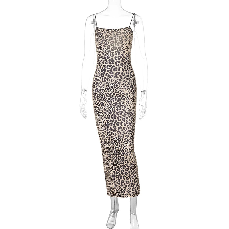 Hugcitar Leopard Backless Bodycon Maxi Dress