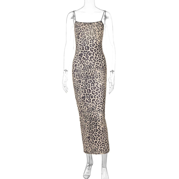 Hugcitar Leopard Backless Bodycon Maxi Dress