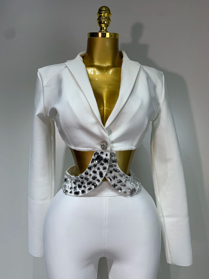 Women Beading Bandage Two Piece Bodycon Pants Set