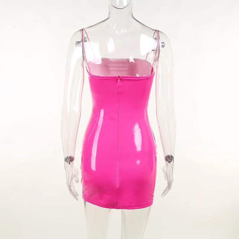 2026 New Arrival Sexy Pink Pu Leather Dress Women Spring Summer Strapless Spaghetti Strap Fashion Club Wear Bodycon Mini Dresses