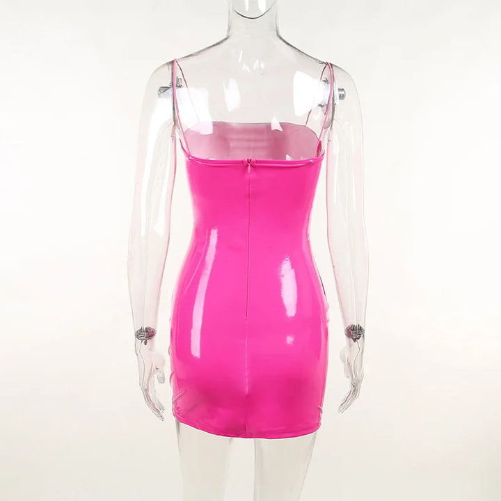 2026 New Arrival Sexy Pink Pu Leather Dress Women Spring Summer Strapless Spaghetti Strap Fashion Club Wear Bodycon Mini Dresses