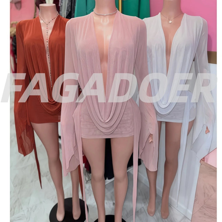 Fagadoer Mesh See Through Mini Bodycon Dress Women