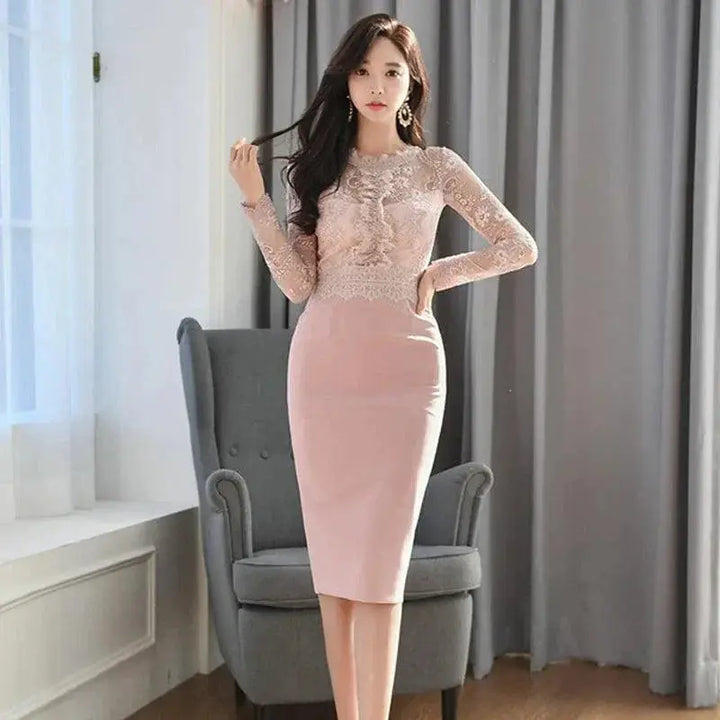 Korean Retro Lace Sheath Dress For Office Casual Wear