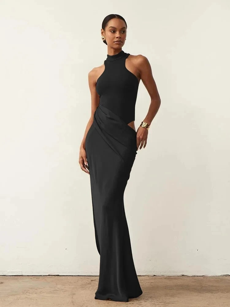 Julissa Mo Satin Sexy Hollow Out Maxi Black