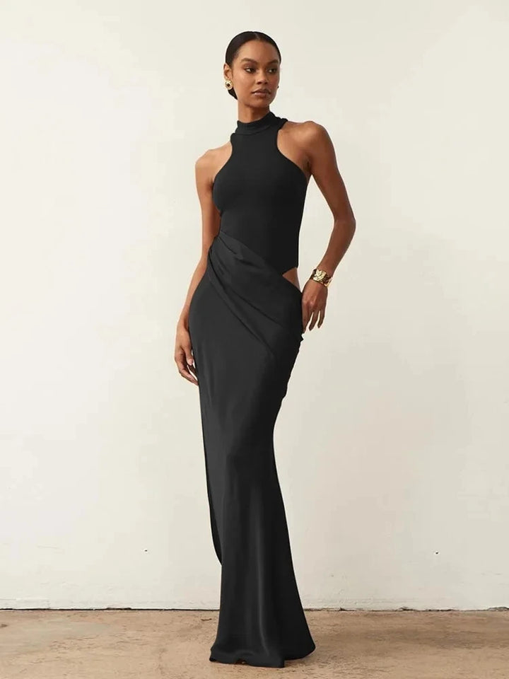 Julissa Mo Satin Sexy Hollow Out Maxi Black