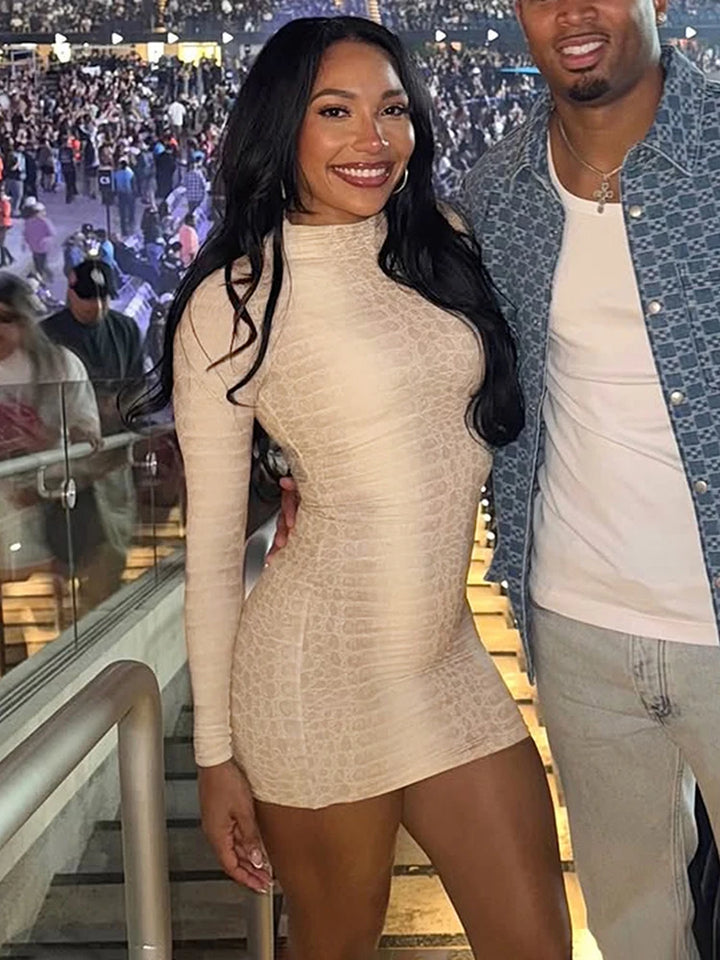 Bold Snake Print Full Sleeve Mini Bodycon Dress