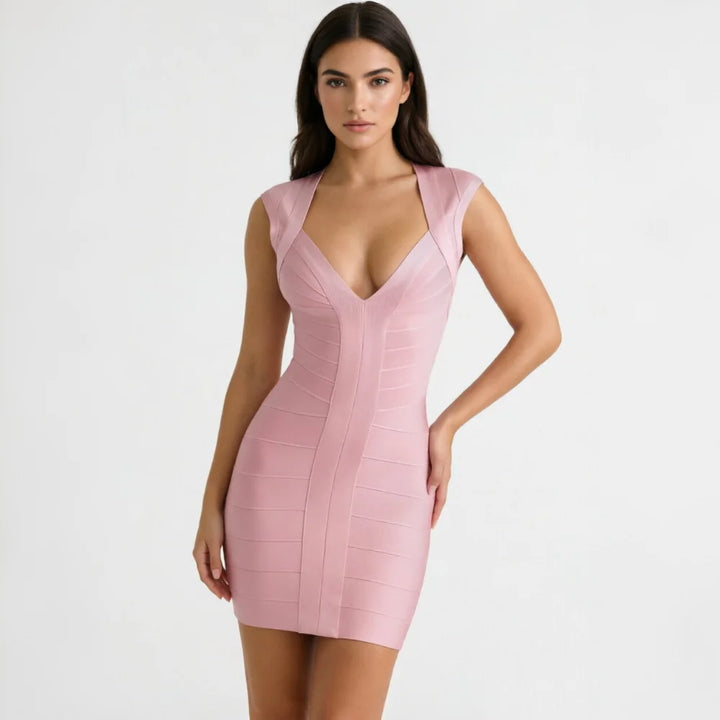 BEAUKEY Luxury Sexy Plunge V Bandage Dress Stripes Slim Bodyocn Mini Party Celebrity Evening Dress Elastic Knitted Vestidos