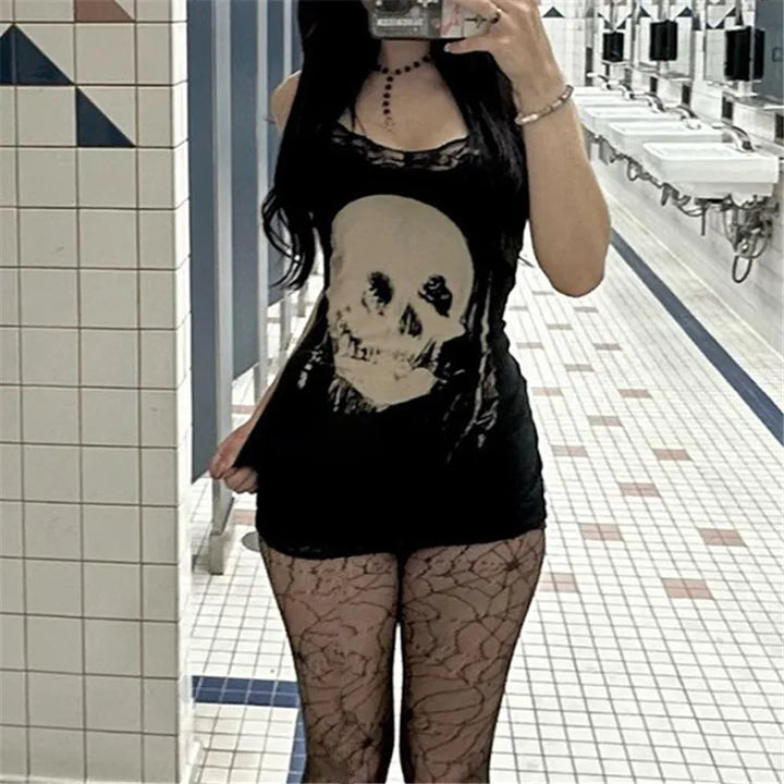 Goth Skull Print Straps Mini Dress Lace Bodycon