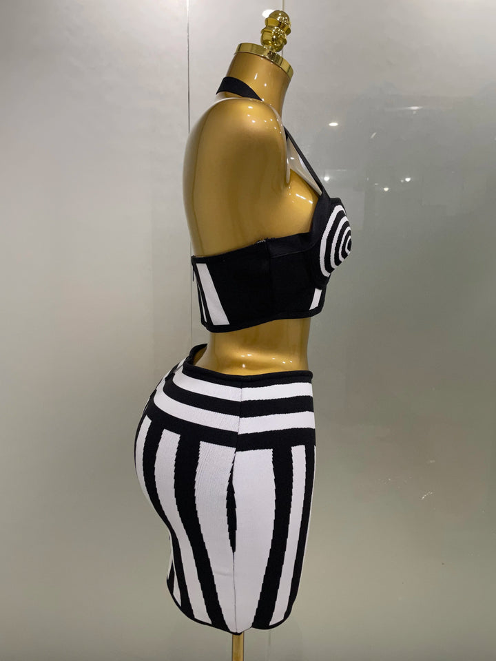 2025 Women Two Piece Striped Jacquard Bandage Set