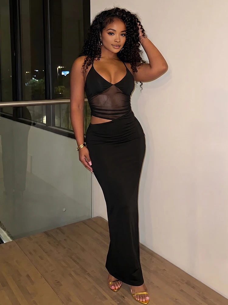 Sexy Mesh Patchwork Maxi Dress Women Backless Bodycon
