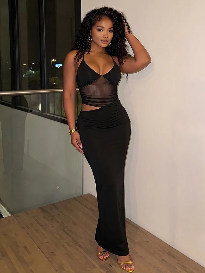 Sexy Mesh Patchwork Maxi Dress Women Backless Bodycon