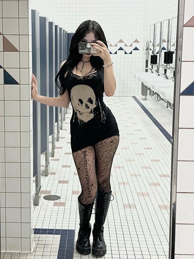 AltGoth Cyberpunk Skull Print High Waist Dress